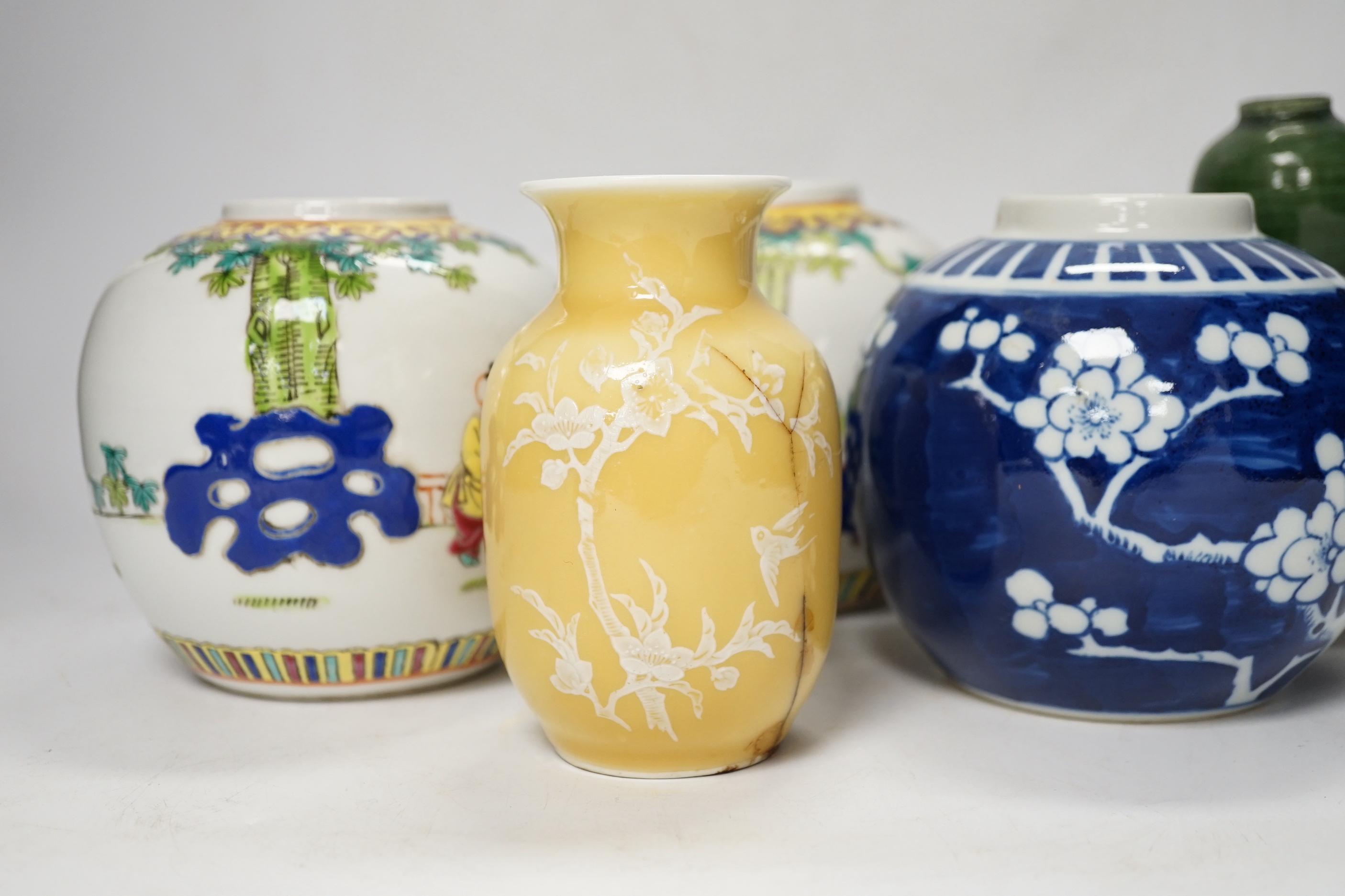 A Chinese blue and white ginger jar, a green two-handled double gourd vase, a pair of vases, and another, tallest 15cm